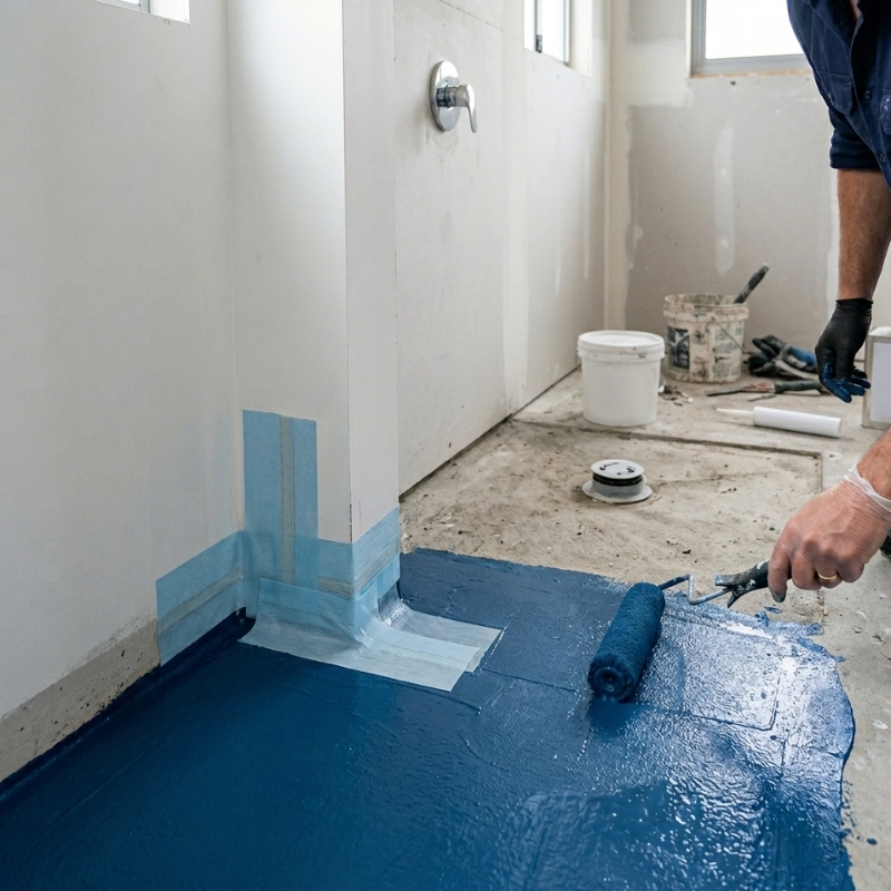 Licensed waterproofer rolling liquid membrane on a Sydney bathroom floor