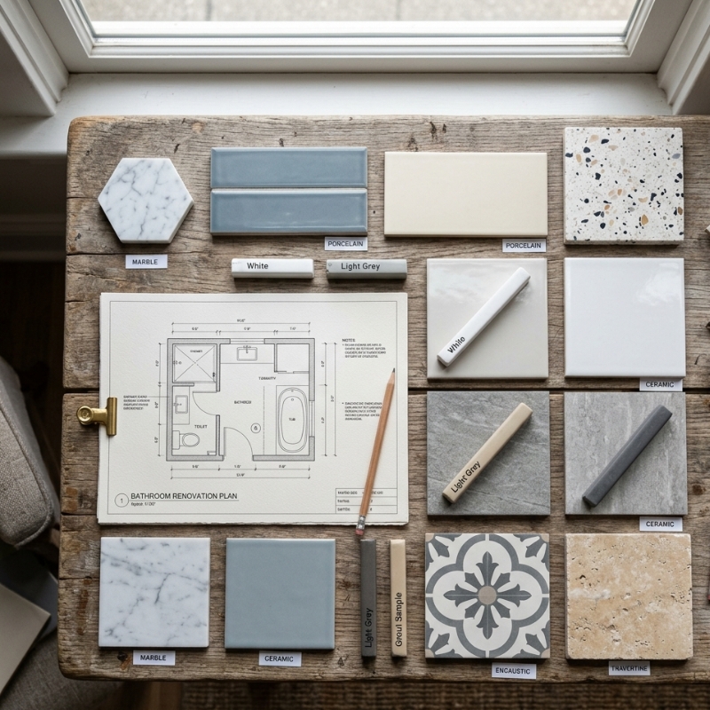 Porcelain, ceramic, and natural stone tile samples for a Sydney bathroom remodel.