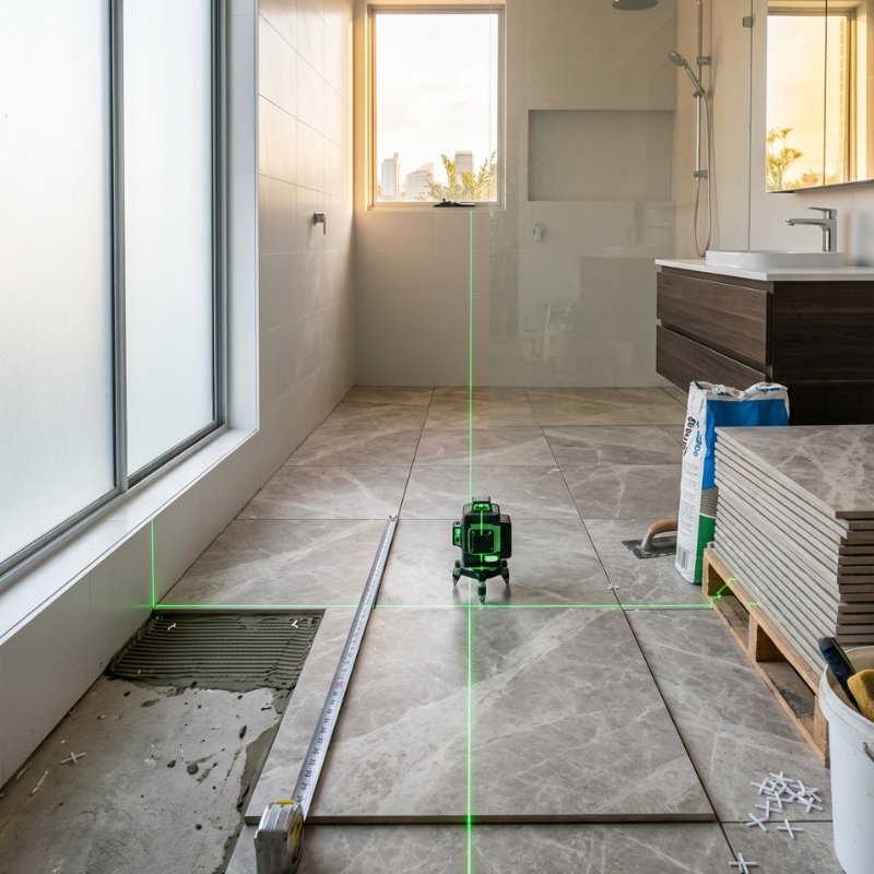 Tiler measuring porcelain floor tiles in Sydney bathroom renovation